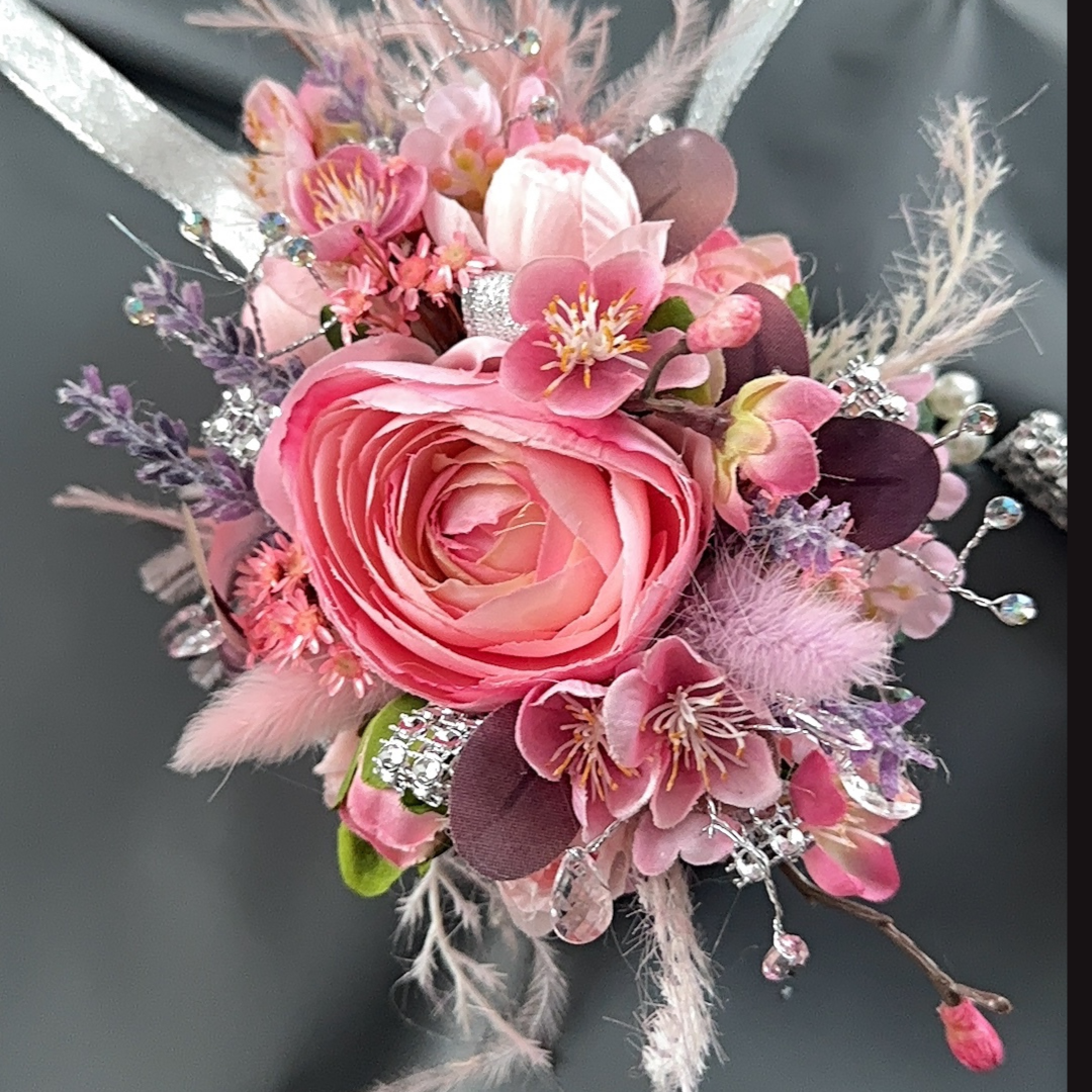 Ethereal Pink Elegance Silk Wristlet Corsage and Matching Boutonnière