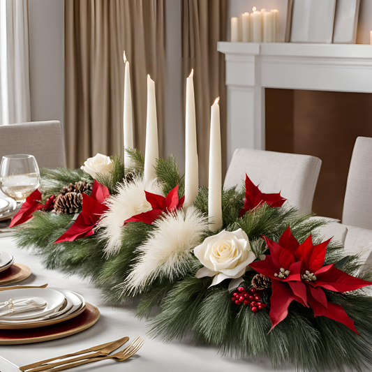 White Pine Christmas Centerpiece with Red Faux Poinsettia and Pampas Grass